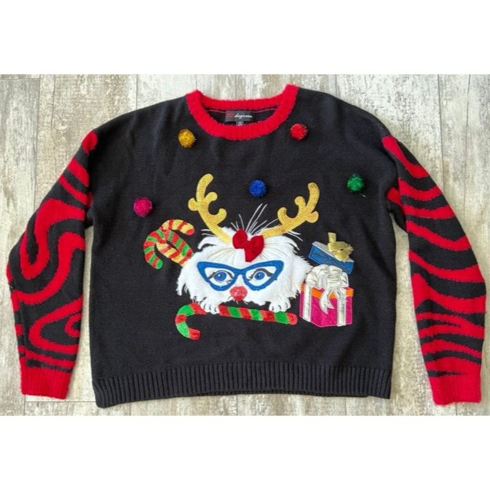 Size XL Meow Cat Black Embellished Holiday Long Sleeve Ugly Christmas Sweater